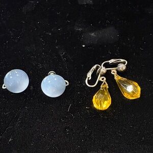 Yellow Teardrop Clip-On Earrings and Light Blue Studs - Women Jewelry